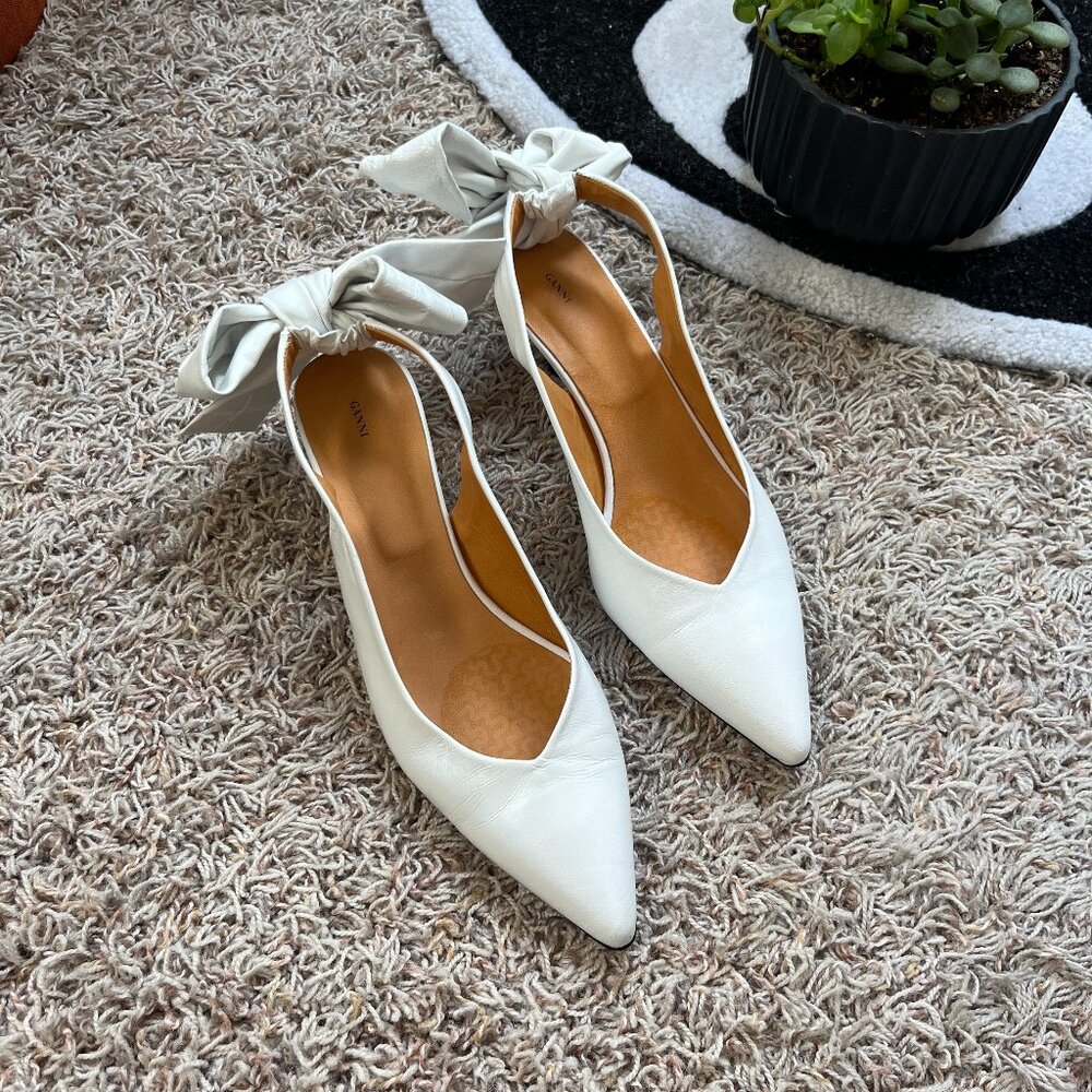 Ganni White Pointed Toe Slingback Heels with Ankle Bows